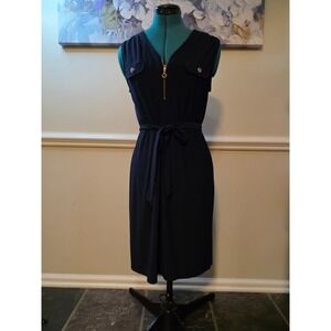 Emma & Michele Navy Blue Sleeveless Zip-Front Belted Midi Dress Size PM